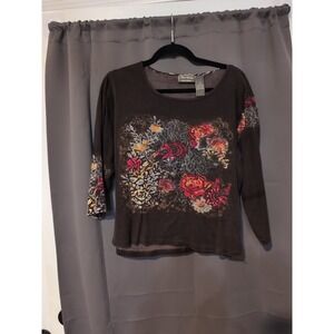 Jane Ashley Casual Brown Floral Print Top, Women's‎ Large Shirt, 3/4 Sleeve